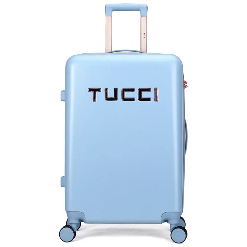 מזוודה קשיחה מתרחבת TUCCI דגם RECCOLTO בצבע תכלת עם לוגו, מרקם מוברש עמוק ומנעול TSA, מבט מלפנים