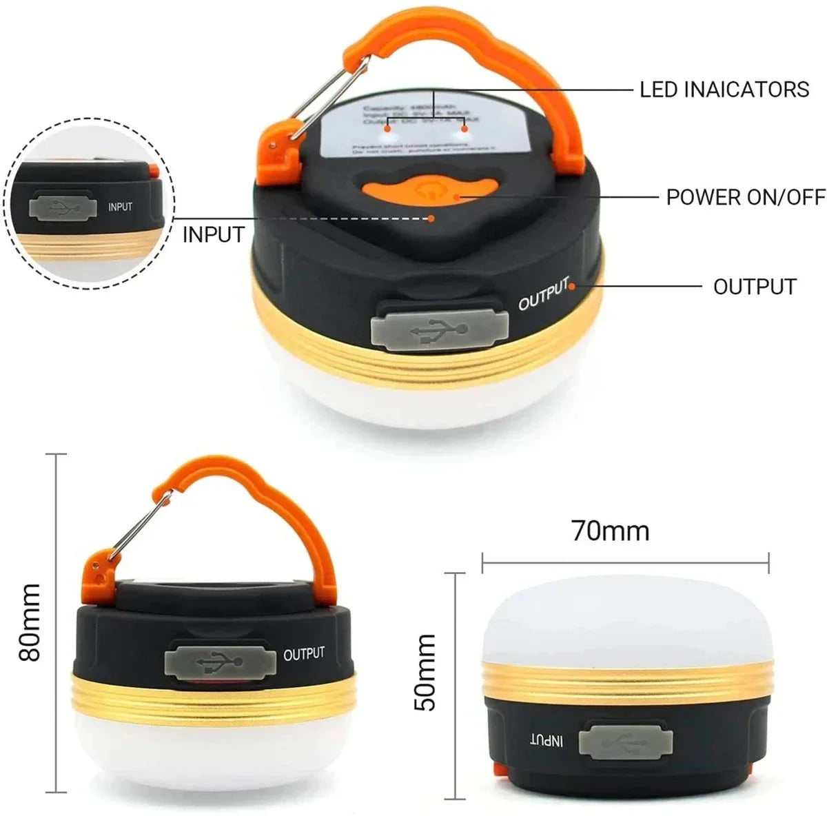 פנס קמפינג Widesea Outdoor Pro תרשים מפרט: גובה 80 מ"מ, קוטר 70 מ"מ, עם כניסת USB ולחצן הפעלה