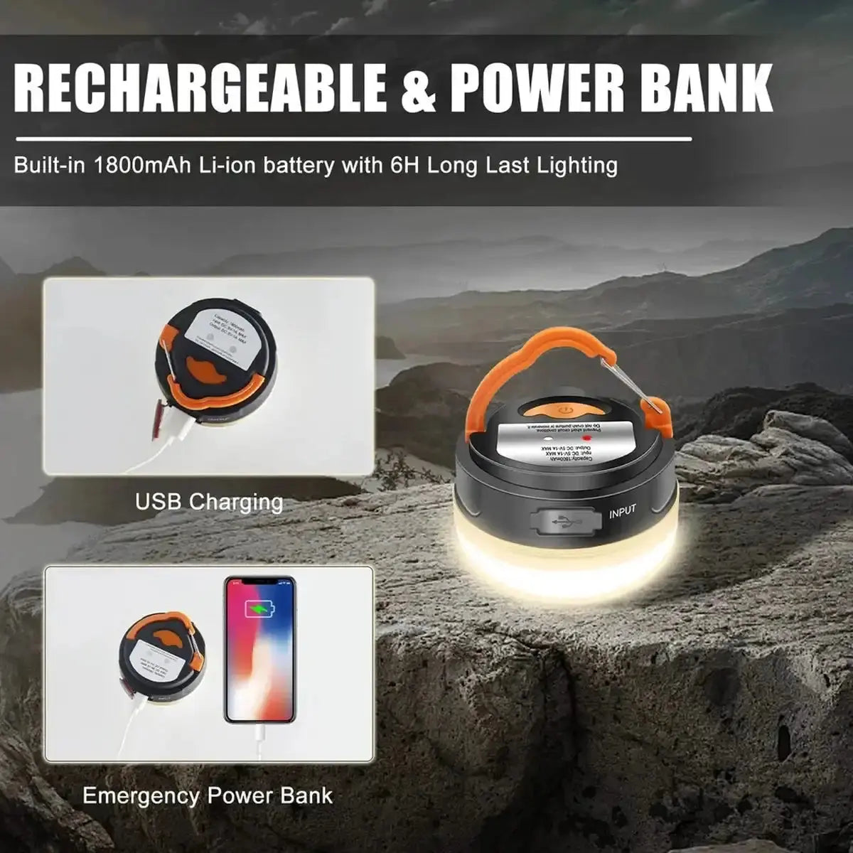 פנס קמפינג Widesea עם סוללה נטענת 1800mAh וטעינת USB Type C, משמש גם כסוללת גיבוי לטלפון נייד
