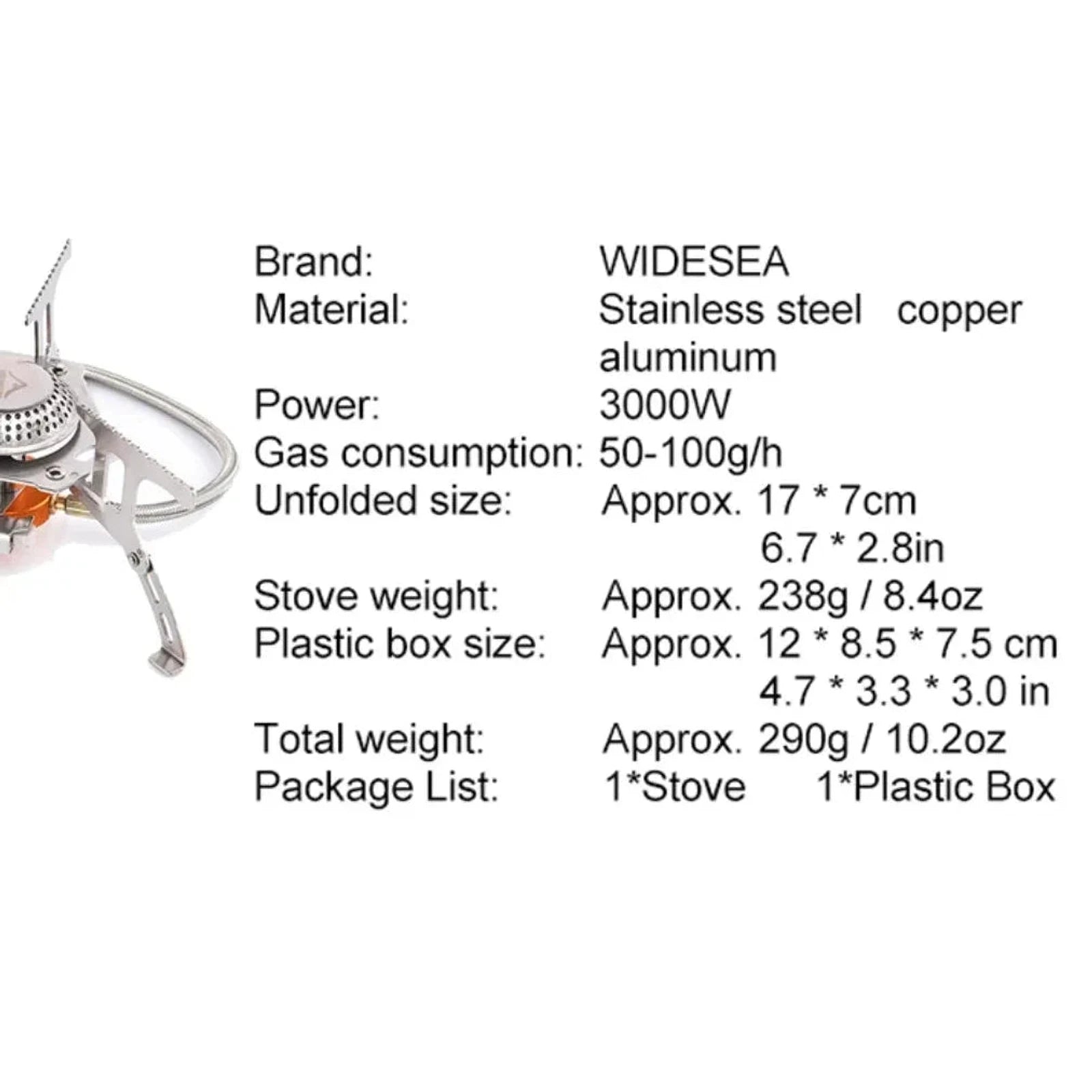 מפרט טכני גזייה Widesea WSS-201 — הספק 3500W, משקל 238 גרם, נחושת ואלומיניום, אחריות שנתיים