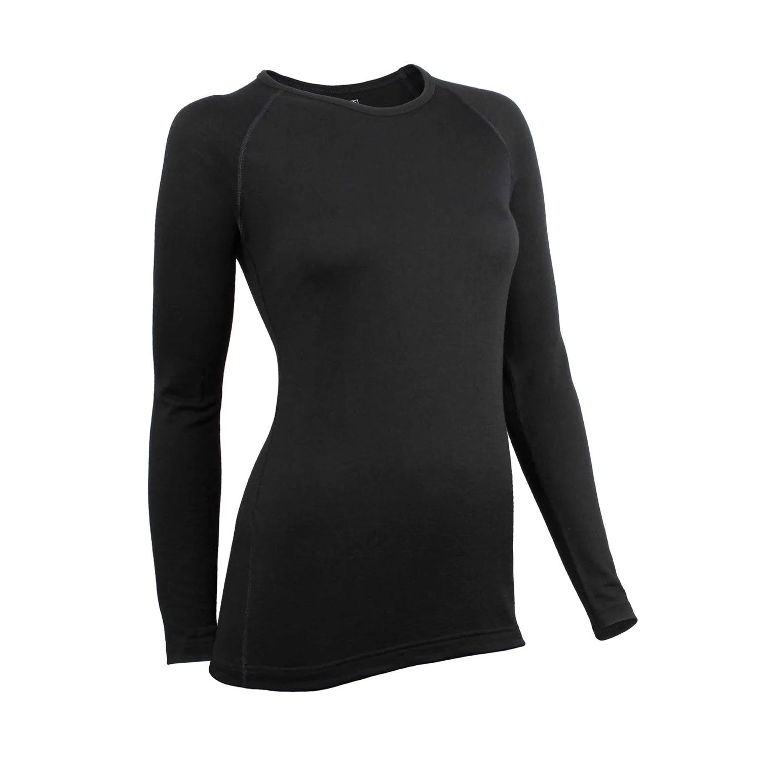 חולצה תרמית לנשים Wilderness Wear Mid Merino שחורה 100% צמר מרינו אוסטרלי, שרוולים ארוכים, מבט קדמי