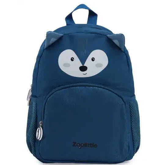 תיק גן לילדים ZOOLITTLE דגם BLUE CAT בצבע נייבי עם הדפס פני חתול, עשוי מבד פוליאסטר חזק, מבט חזית