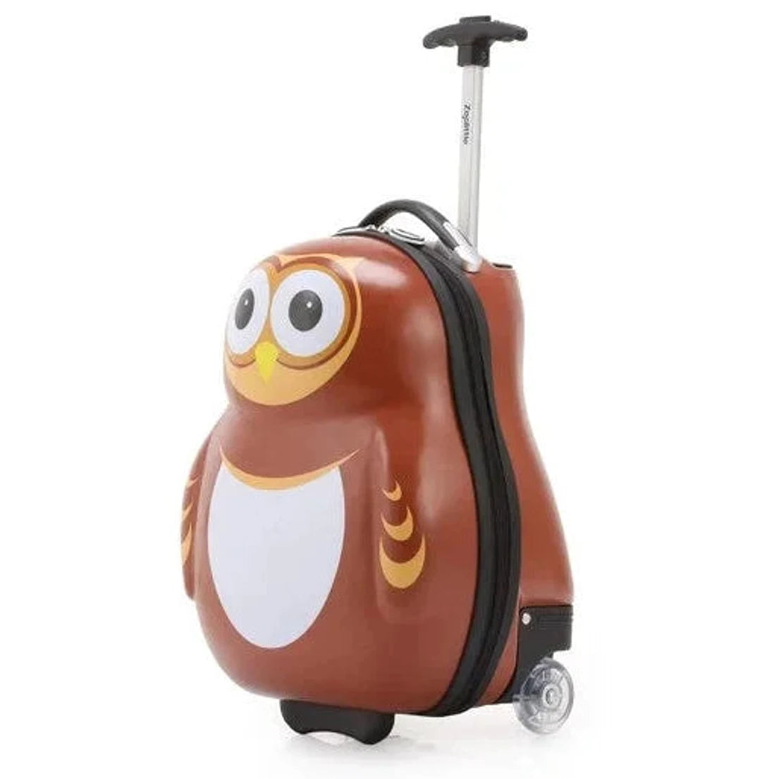 מזוודת ילדים קשיחה ZOOLITTLE דגם Owl ינשוף חום 16 אינץ׳, ידית טרולי נשלפת וגלגלי סיליקון, מבט זווית