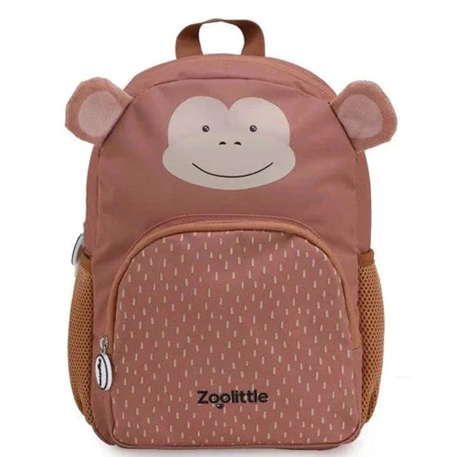 תיק גן לילדים ZOOLITTLE דגם Little Monkey עם עיצוב קוף חמוד, בד פוליאסטר עמיד במידות 34x25x10 סמ, מבט מלפנים