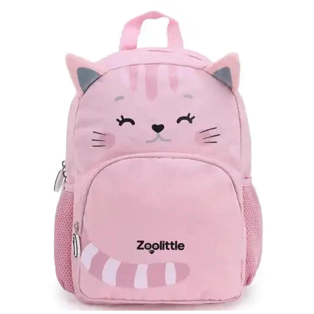 תיק גן לילדים ZOOLITTLE דגם Pink Cat1 בצבע ורוד, עם תא מרכזי ותא חיצוני בסגירת רוכסן, מבט מלפנים