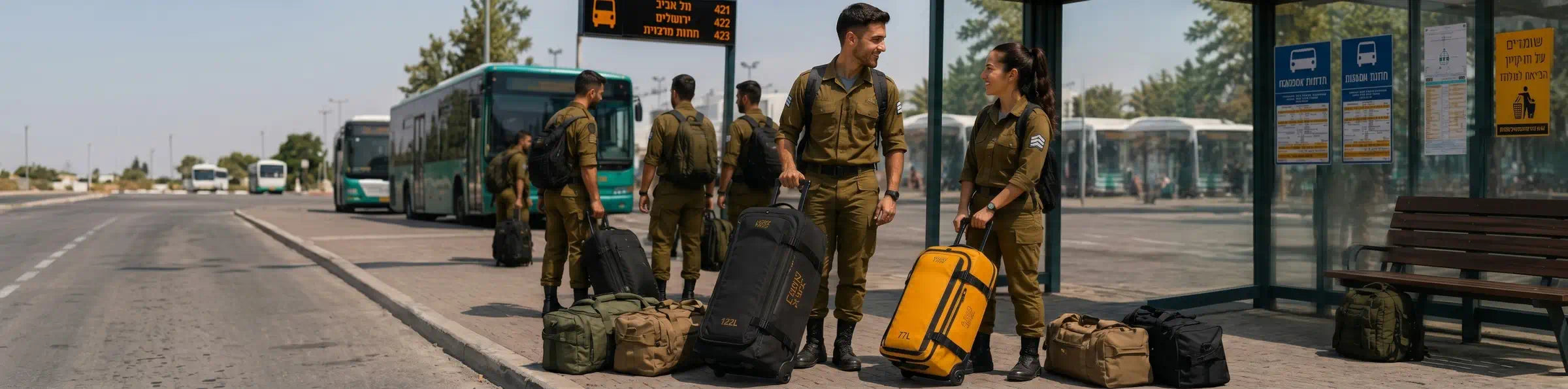 חייל וחיילת ישראלים בתחנת אוטובוס עם תיקי דאפל CABIN FLUX לצבא ולמילואים