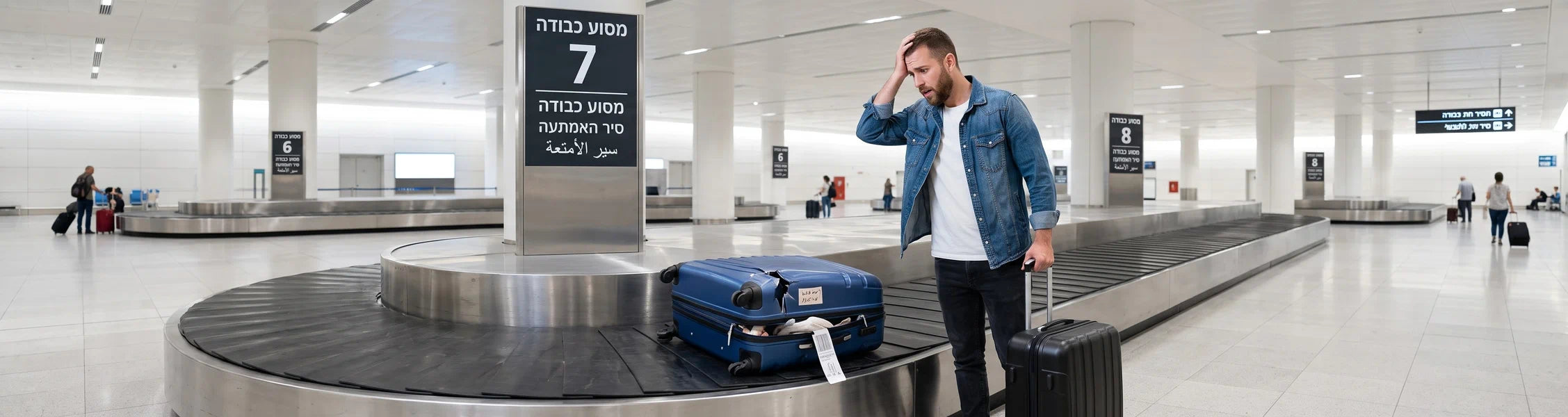 נוסע עומד ליד מסוע כבודה בשדה התעופה לצד מזוודה שניזוקה במהלך הטיסה וממתין לטיפול ופיצוי מחברת התעופה