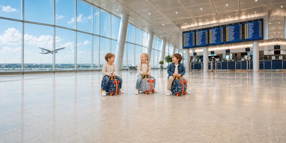 מזוודות ילדים לרכיבה עם שלושה ילדים בנמל התעופה