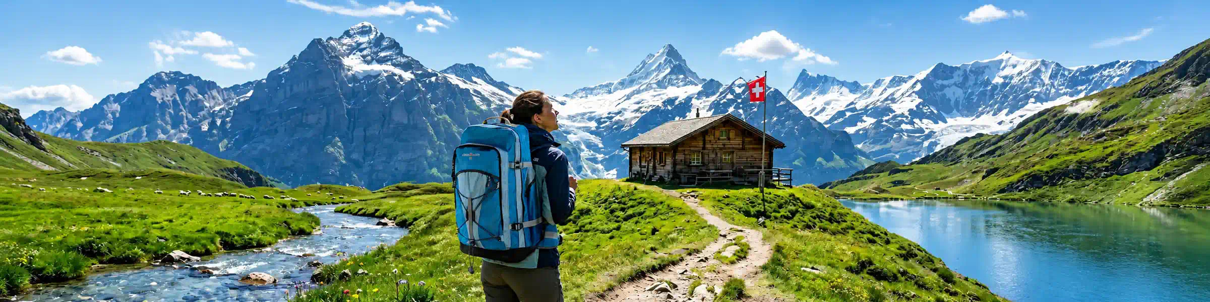 מזוודות, תיקים ואביזרי נסיעה SWISS על רקע נוף שווייצרי
