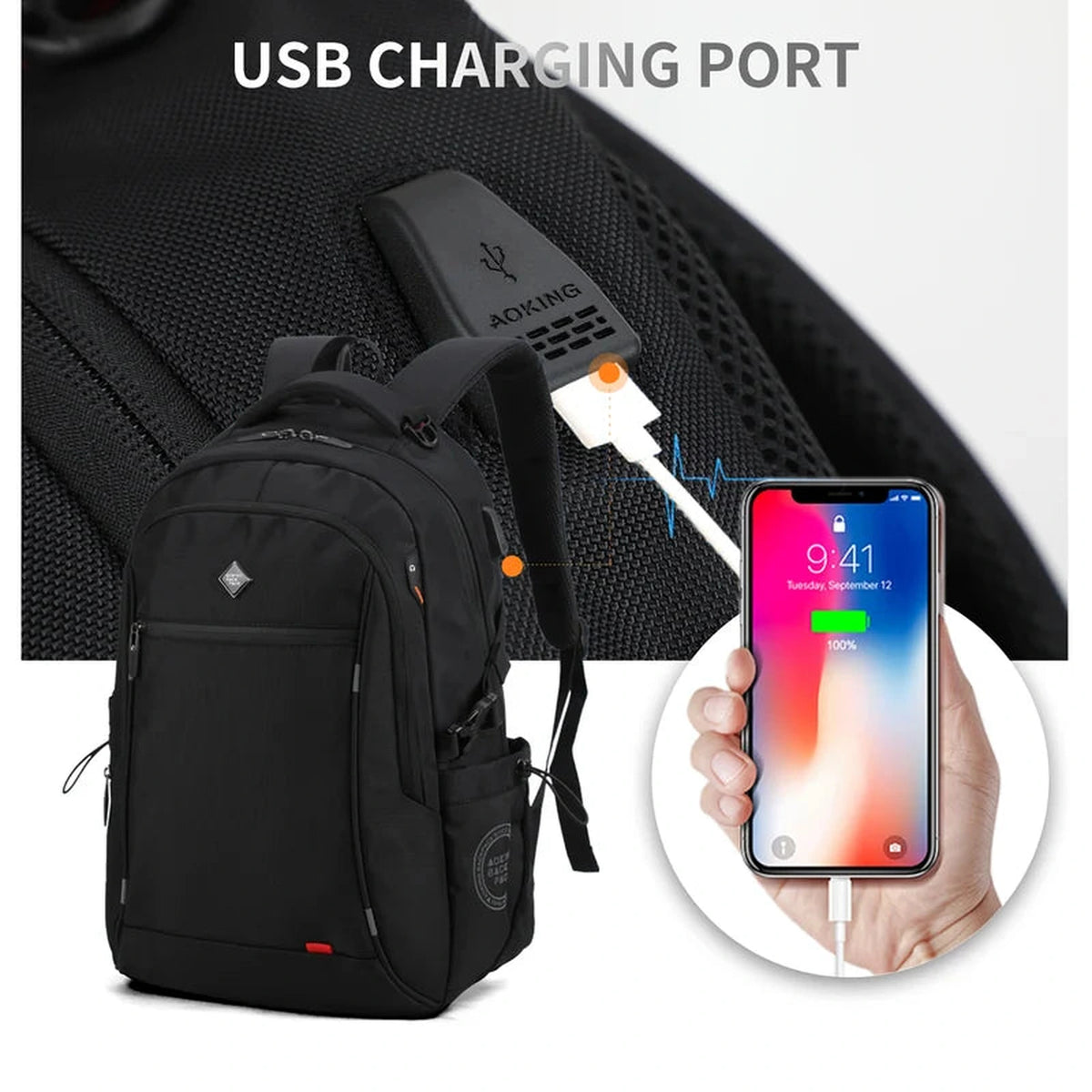 שקע USB בצד תיק הגב AOKING CAMBRIDGE לטעינת הטלפון בדרך מסוללה ניידת שנמצאת בתוך התיק