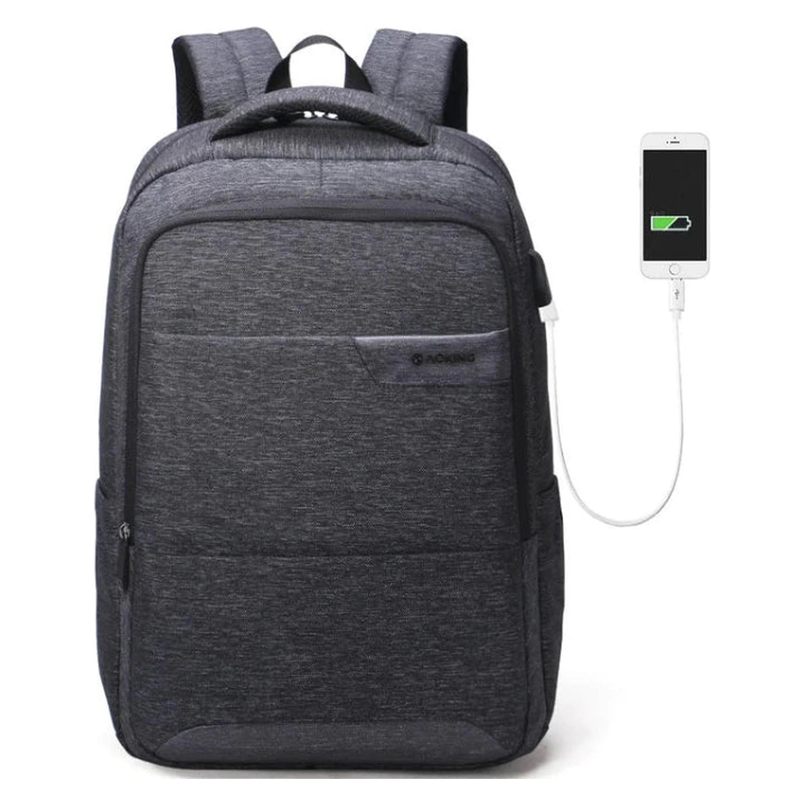 תיק גב AOKING FN77178 מבט קדמי עם יציאת USB חיצונית לטעינת טלפון, בצבע אפור כהה