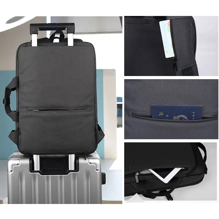 תיק גב AOKING Business Pro דגם SN86099 עם רצועת הלבשה על ידית טרולי, כיסי RFID ודרכון, תצוגת פרטים
