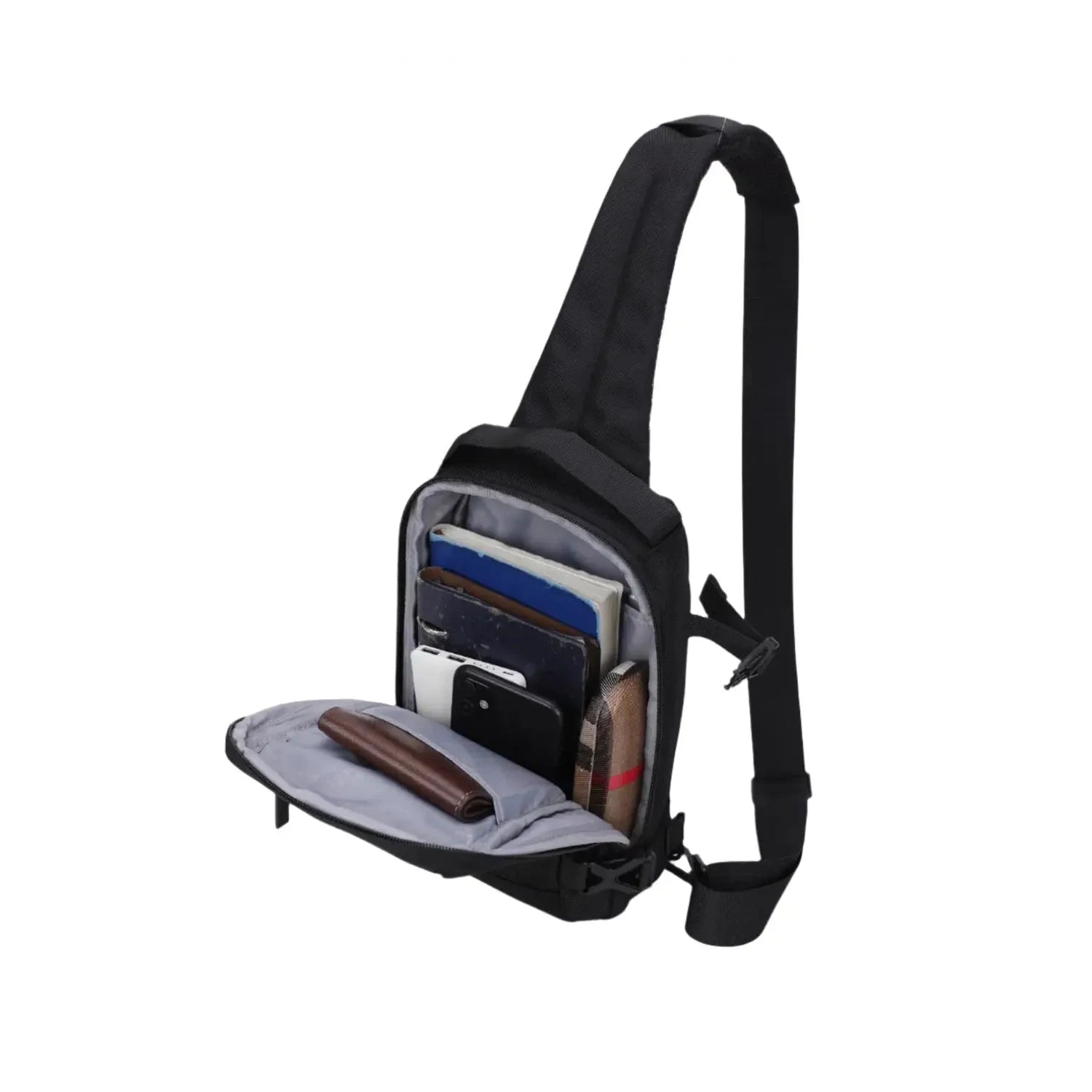 תיק צד קרוסבודי AOKING דגם SY3081 פתוח עם רצועת כתף, מבט על תאים פנימיים ותכולת חפצים