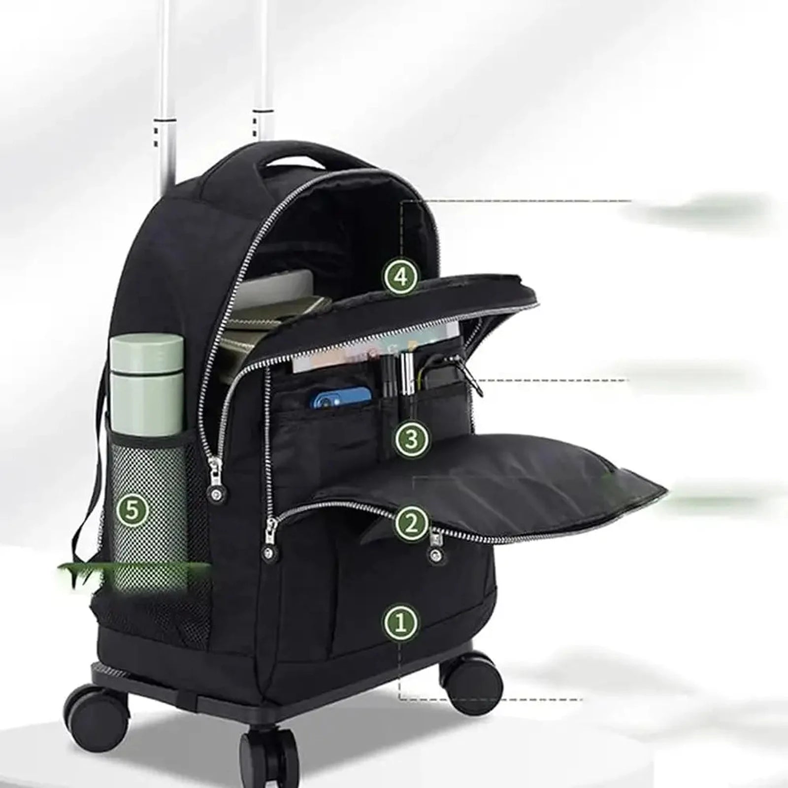 תיק גב טרולי BARRLEY GlideRoll מבט פנימי המציג ארבעה תאים לארגון ציוד לימוד ועבודה כולל תא לבקבוק שתיה