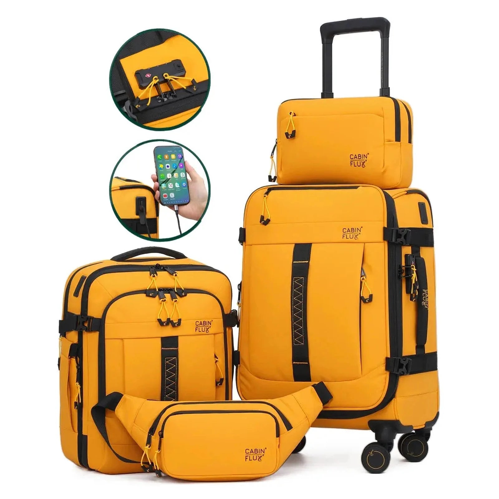 סט נסיעות 4 חלקים CABIN FLUX Apex Ranger בצבע צהוב כאמל, טרולי עם תיק עליה פאוץ' ותיק רחצה תואמים