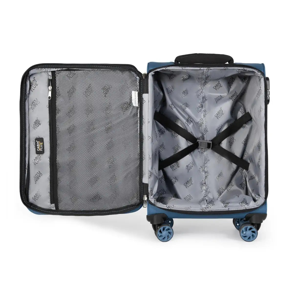 מזוודת CABIN FLUX Spirit C-Lite 20 אינץ' פתוחה עם רצועות X לייצוב התכולה, תא רשת ובטנה ממותגת בצבע כחול