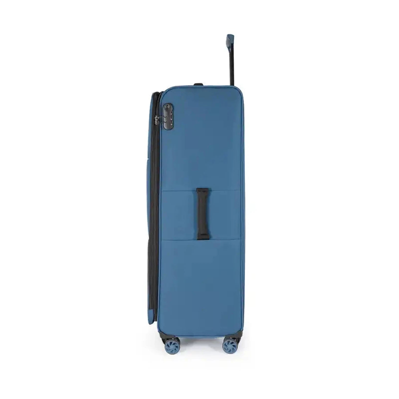 מבט צד של מזוודה גדולה אולטרא לייט CABIN FLUX Spirit C-Lite בצבע כחול עם ידית אחיזה, 29 אינץ׳