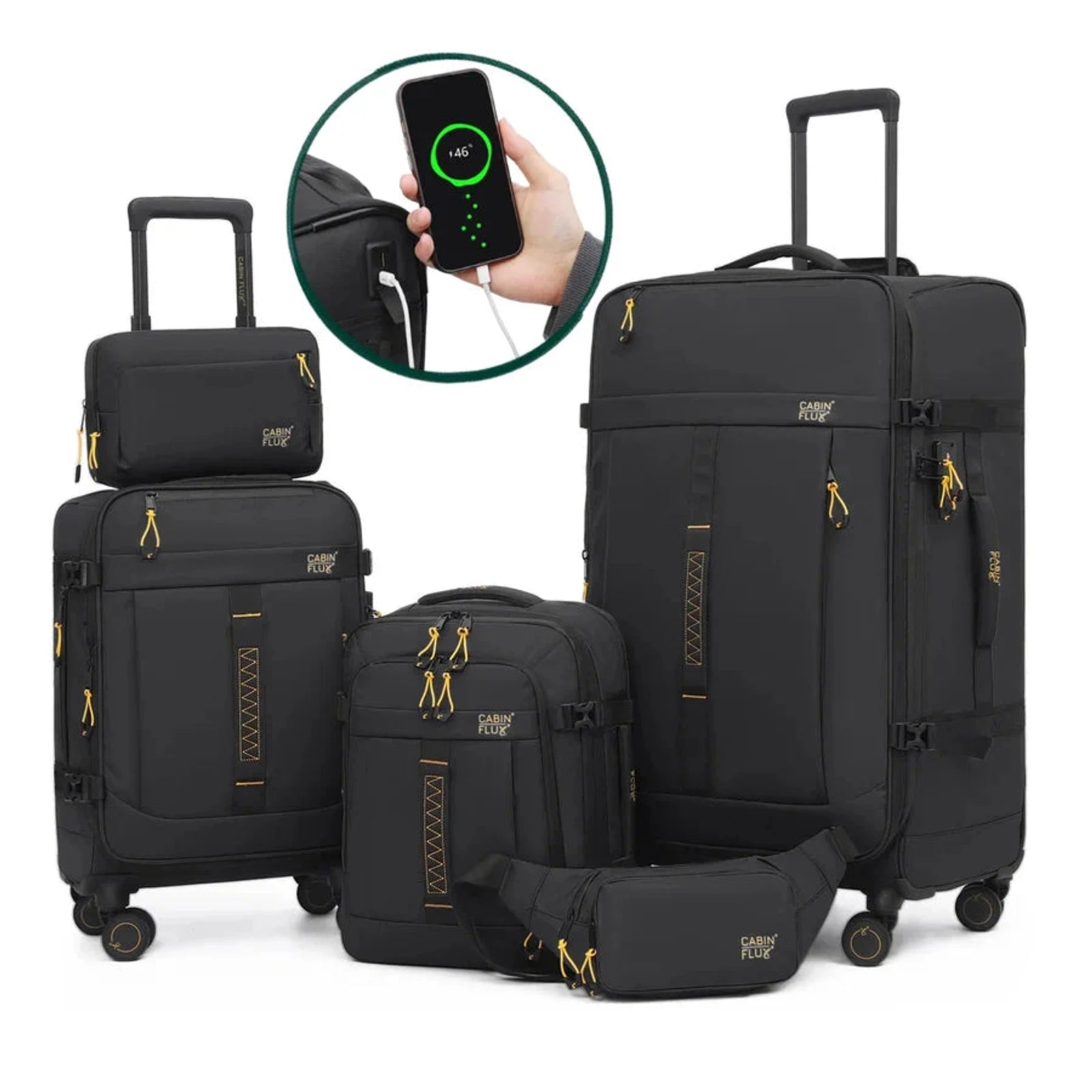 סט 5 חלקים CABIN FLUX Apex Ranger שחור עמוק מזוודה 29 אינץ' טרולי 20 אינץ' תיק עלייה למטוס פאוץ' ותיק רחצה