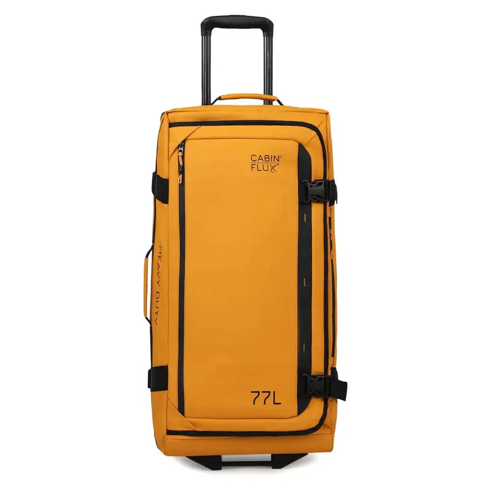 תיק דאפל טרולי CABIN FLUX BUFFALO בנפח 77 ליטר בצבע צהוב כאמל, רצועות הידוק צדדיות וידית טלסקופית, מבט מלפנים