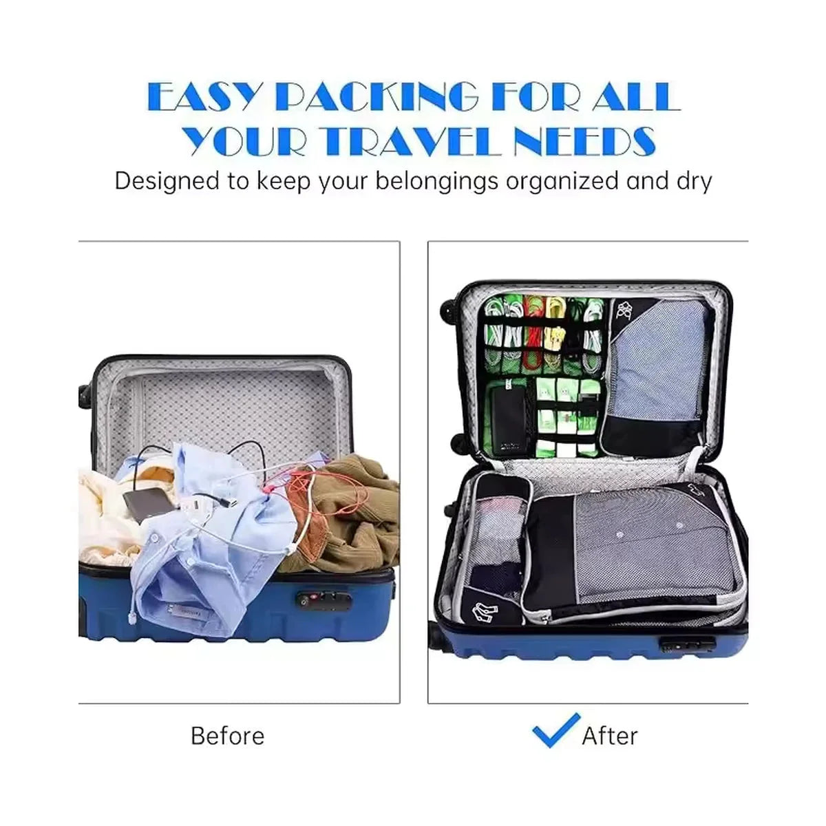 השוואה לפני ואחרי שימוש בסט ארגוניות CABIN FLUX — מזוודה מבולגנת מול מזוודה מסודרת ונגישה
