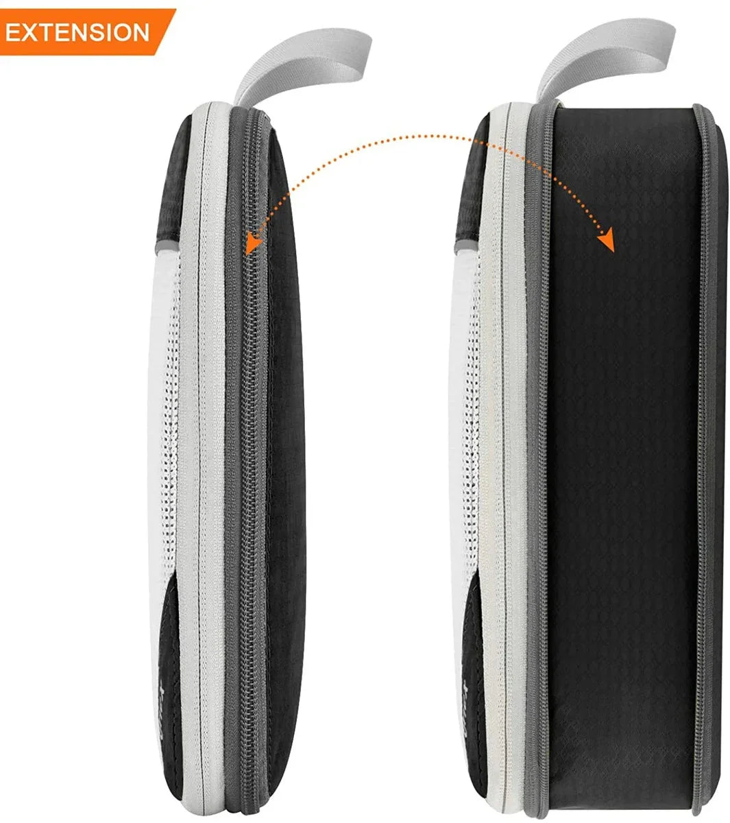 תקריב רוכסן כיווץ כפול של ארגוניות CABIN FLUX, מראה מצב פתוח ומכווץ לחיסכון מרבי במקום