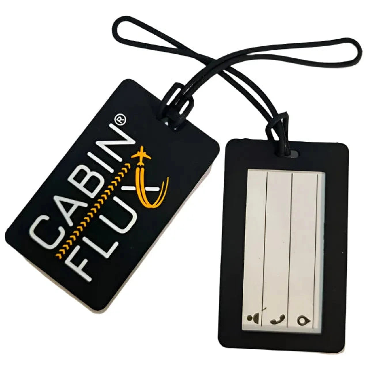 זוג תגי מזוודה שחורים מסיליקון CABIN FLUX DUO ID - לוגו בולט וחלון שקוף לפרטים - זווית אלכסונית