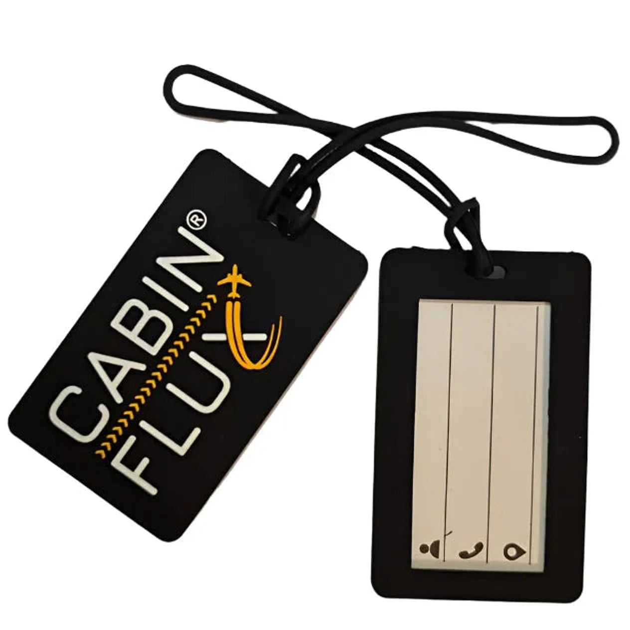 זוג תגי מזוודה שחורים סיליקון CABIN FLUX DUO ID, מבט מלמעלה עם חלון שקוף לפרטים ולולאה שחורה