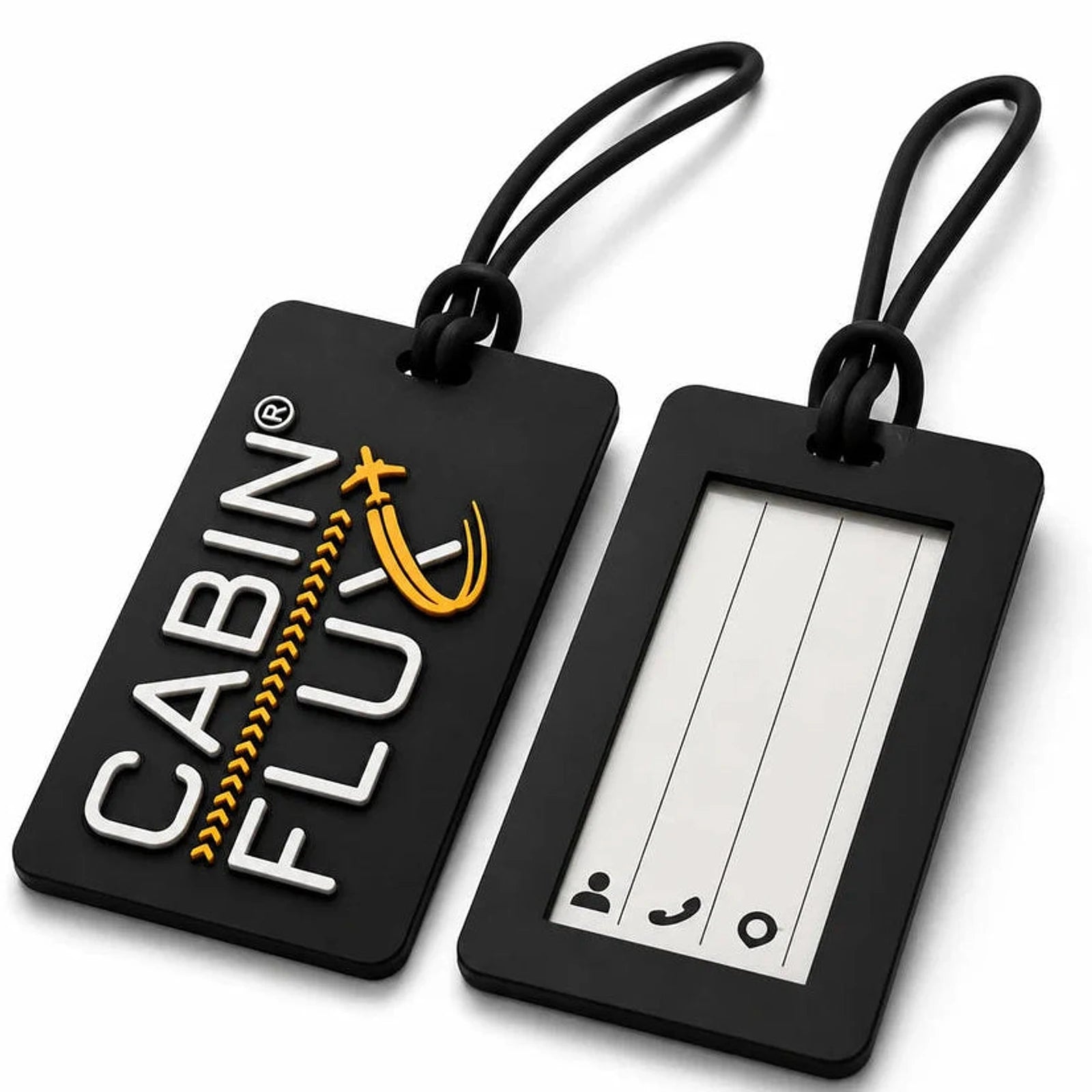 זוג תגי מזוודה מסיליקון CABIN FLUX דגם DUO ID עם לוגו תלת ממדי וחלונית פרטים אישיים