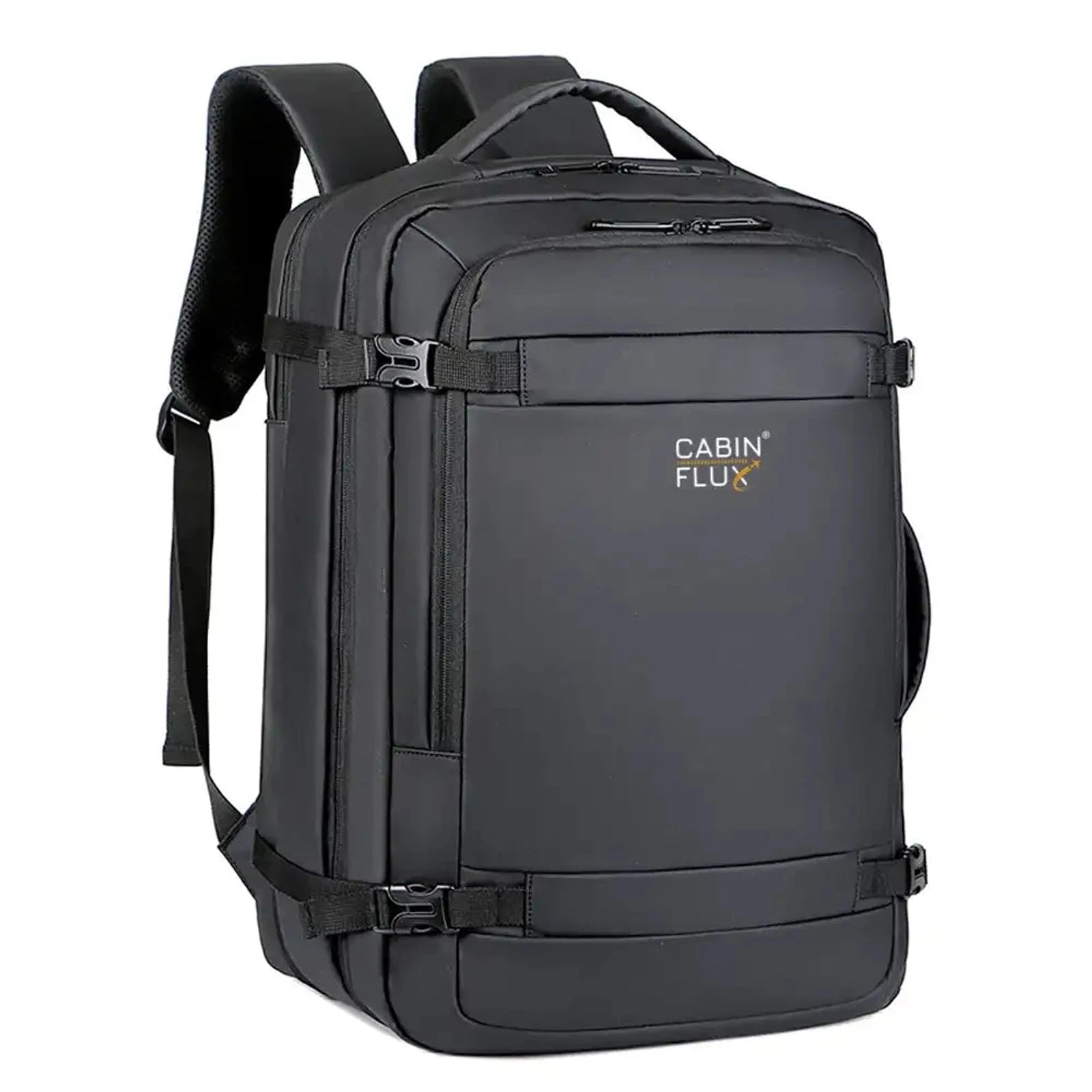 תיק עליה למטוס CABIN FLUX Eagle בצבע שחור, מבט זווית עם רצועות כתף ואבזמי הידוק חזקים
