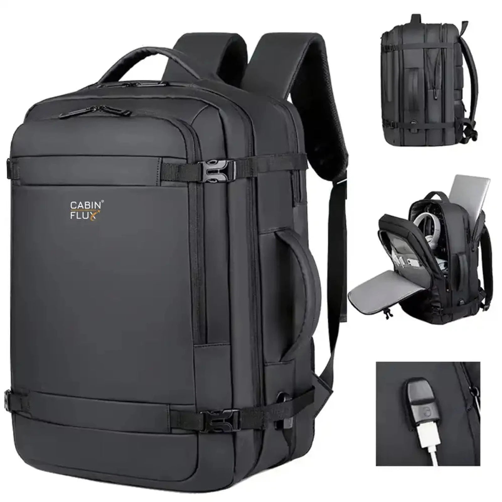 תיק עליה למטוס CABIN FLUX Eagle 40L ללפטופ 17 אינץ', קולאז' מבט קדמי וצידי ויציאת USB לטעינה