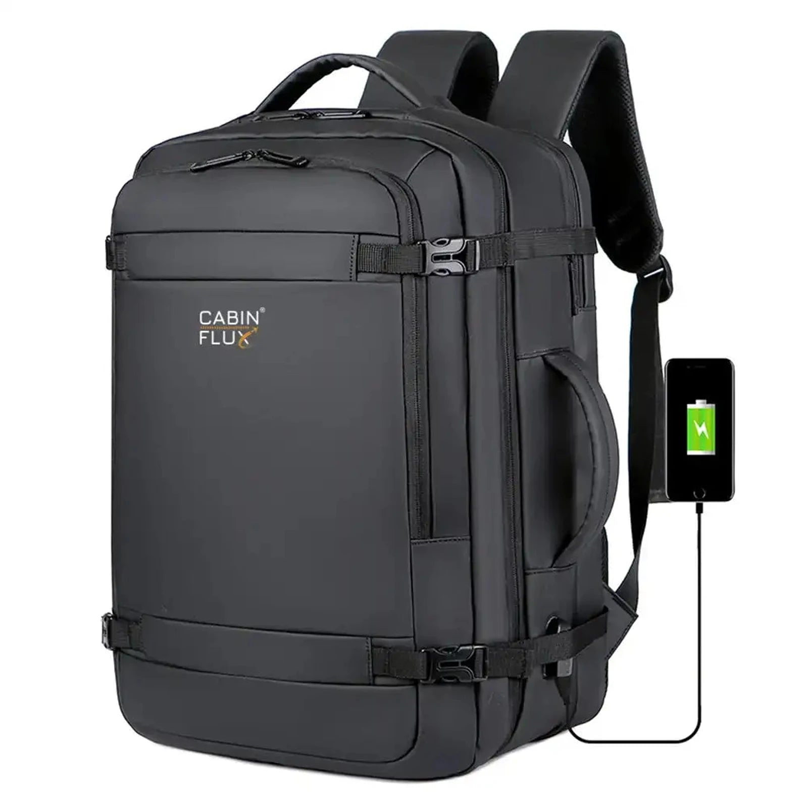 תיק עליה למטוס CABIN FLUX Eagle בצבע שחור עם יציאת USB חיצונית לטעינת טלפון נייד בנסיעה