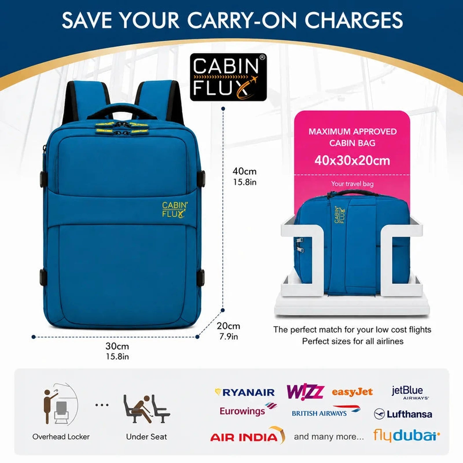 תיק עליה למטוס CABIN FLUX Iconic 40x30x20 ס"מ מתאים ל-Ryanair, Wizz Air, easyJet וחברות תעופה נוספות