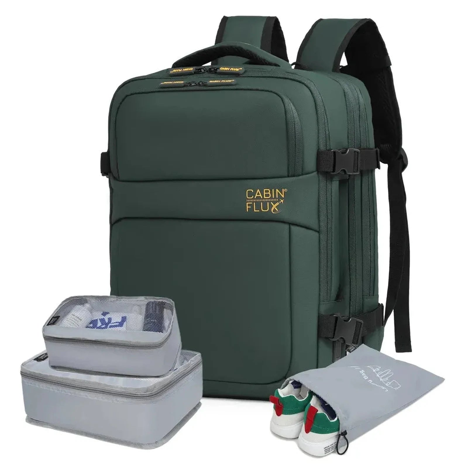 תיק עליה למטוס CABIN FLUX Iconic בצבע ירוק כהה, 40x30x20 ס"מ, עם קוביות אריזה ותיק אחסון נעליים
