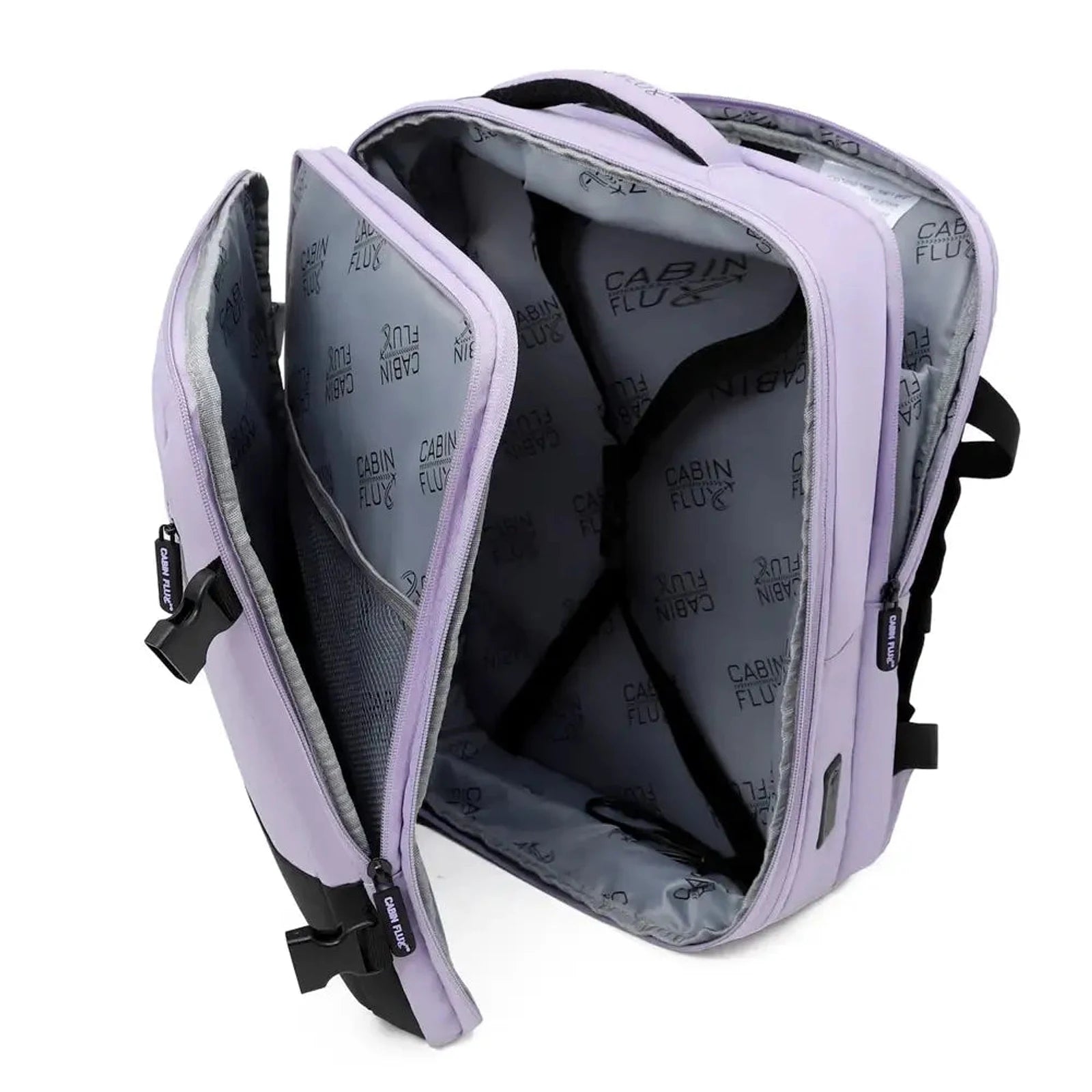 תיק עליה למטוס CABIN FLUX Iconic Pastel פתוח מציג חמישה תאים פנימיים ואורגנייזר, מבט מלא על החלוקה הפנימית