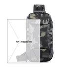תיק קרוסבודי CABIN FLUX JetPack ירוק צבאי בהשוואת מידות מול מגזין בגודל A4 להמחשת נפח שנים עשר ליטר