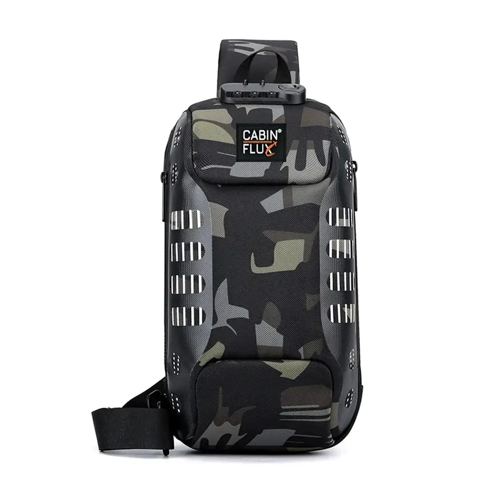 תיק צד CABIN FLUX JetPack בצבע ירוק צבאי קמופלאז מבט מלפנים, מבד בליסטי נגד מים עם מנעול קוד