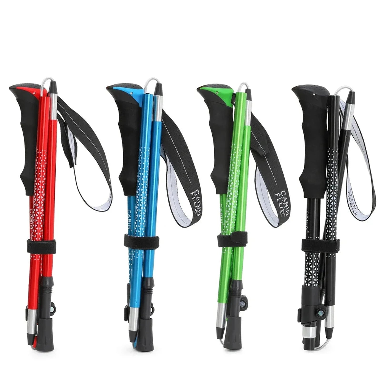 ארבעה צבעים של מקל הליכה נורדית CABIN FLUX Mont Blanc מקופל: אדום, כחול, ירוק ושחור