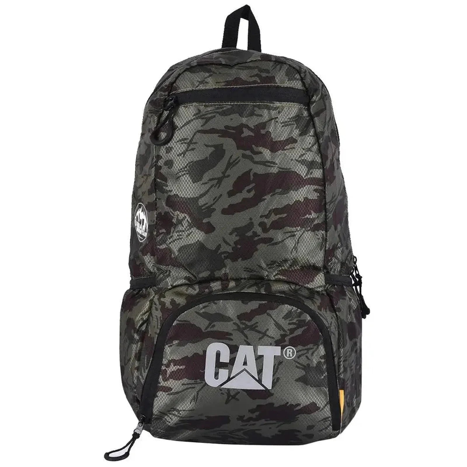 תיק גב מתקפל Caterpillar Foldable דגם CAT בצבע ירוק קמופלאז, נפח 25 ליטר, עשוי פוליאסטר עמיד, מבט מלפנים