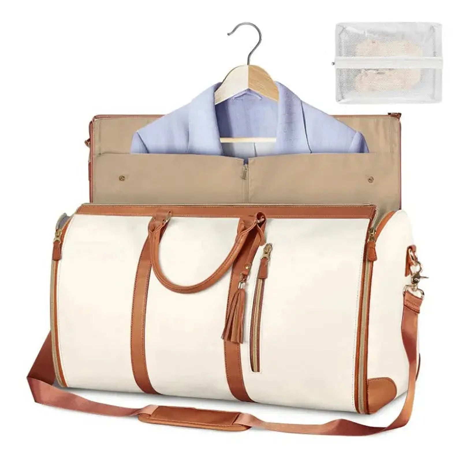 תיק נסיעות מתקפל COMFORT MAGIC BAG בצבע בז קרם 40 ליטר עם חליפון מובנה ורצועת כתף מבט חזית