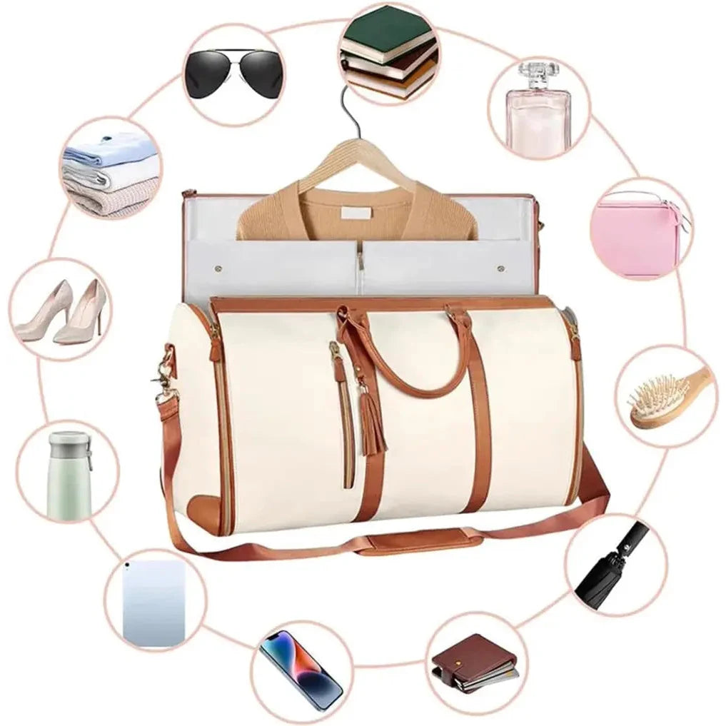 תיק נסיעות COMFORT MAGIC BAG בצבע קרם 40 ליטר עם המחשה לחפצים שנכנסים בגדים נעליים ואביזרים