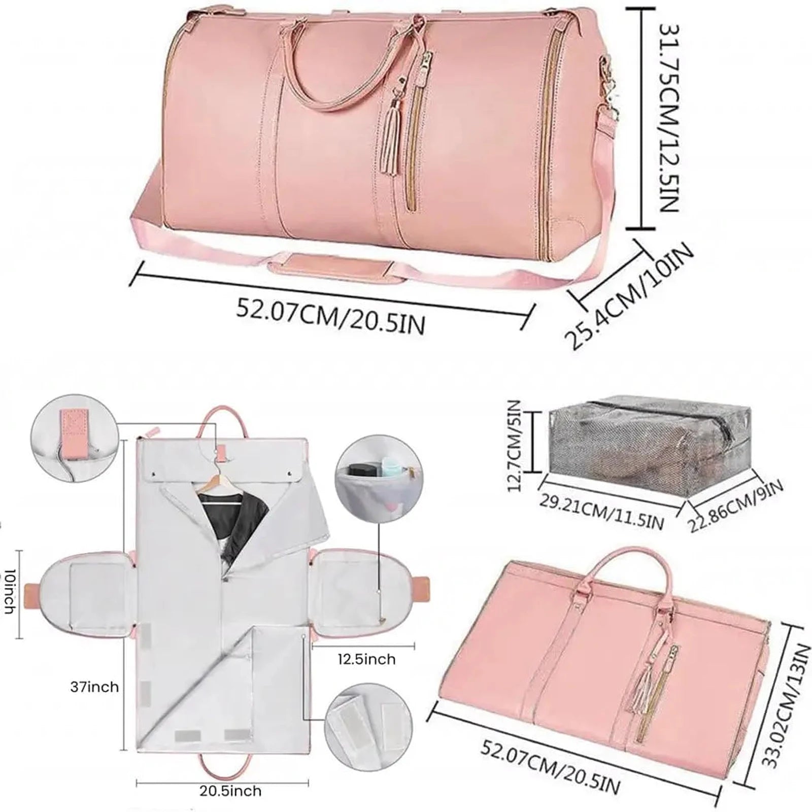 תיק נסיעות מתקפל COMFORT MAGIC BAG ורוד נפח 40 ליטר מידות 52 על 32 על 24 סנטימטר ותרשים חליפון