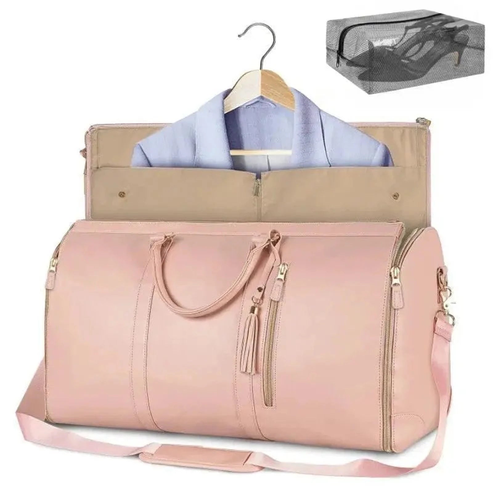 תיק נסיעות מתקפל COMFORT MAGIC BAG בצבע ורוד 40 ליטר עם חליפון מובנה ורצועת כתף מבט חזית