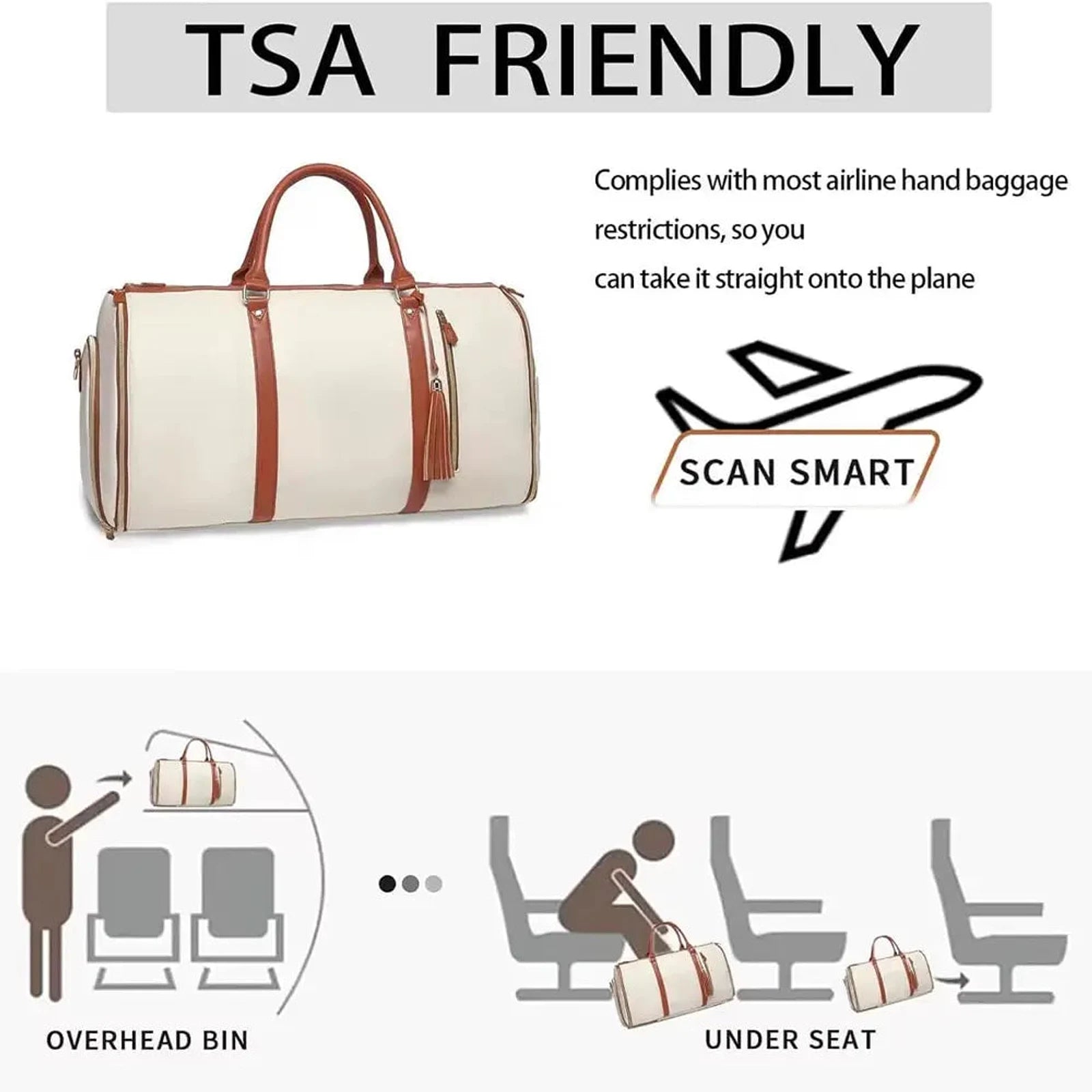 תיק נסיעות עליה למטוס COMFORT MAGIC BAG 40 ליטר בצבע קרם מתאים לתא מטען עליון ולמתחת למושב