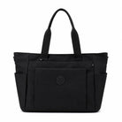 תיק צד יומיומי COOLPASE Carry Travel Tote בצבע שחור - מבט קדמי, מתלבש על מזוודה עם כיסים מרובים