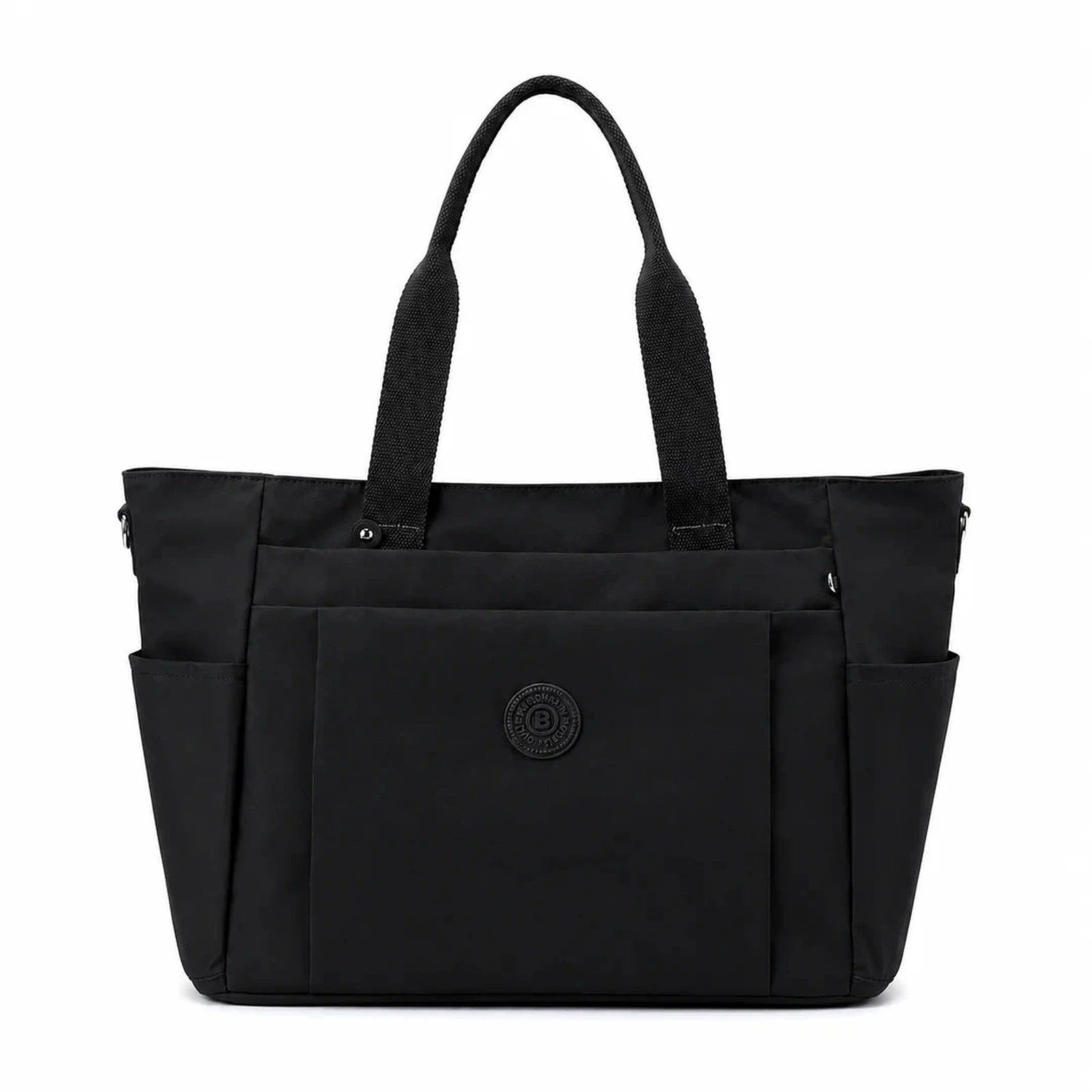 תיק צד יומיומי COOLPASE Carry Travel Tote בצבע שחור - מבט קדמי, מתלבש על מזוודה עם כיסים מרובים