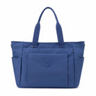 תיק צד יומיומי COOLPASE Carry Travel Tote בצבע כחול - מבט קדמי, מתלבש על מזוודה עם כיסים מרובים