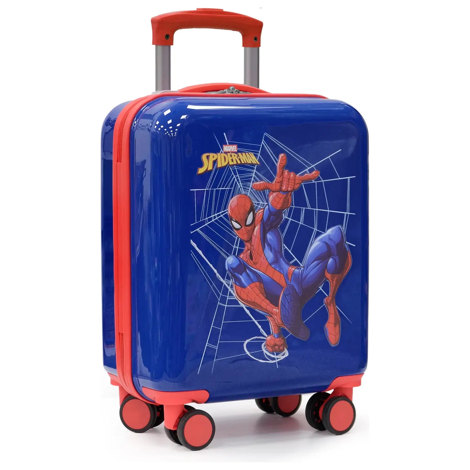 מזוודת ילדים קשיחה Disney Marvel בעיצוב Spider-Man בצבע כחול עם הדפס ספיידרמן, ידית טלסקופית אדומה וגלגלי ספינר