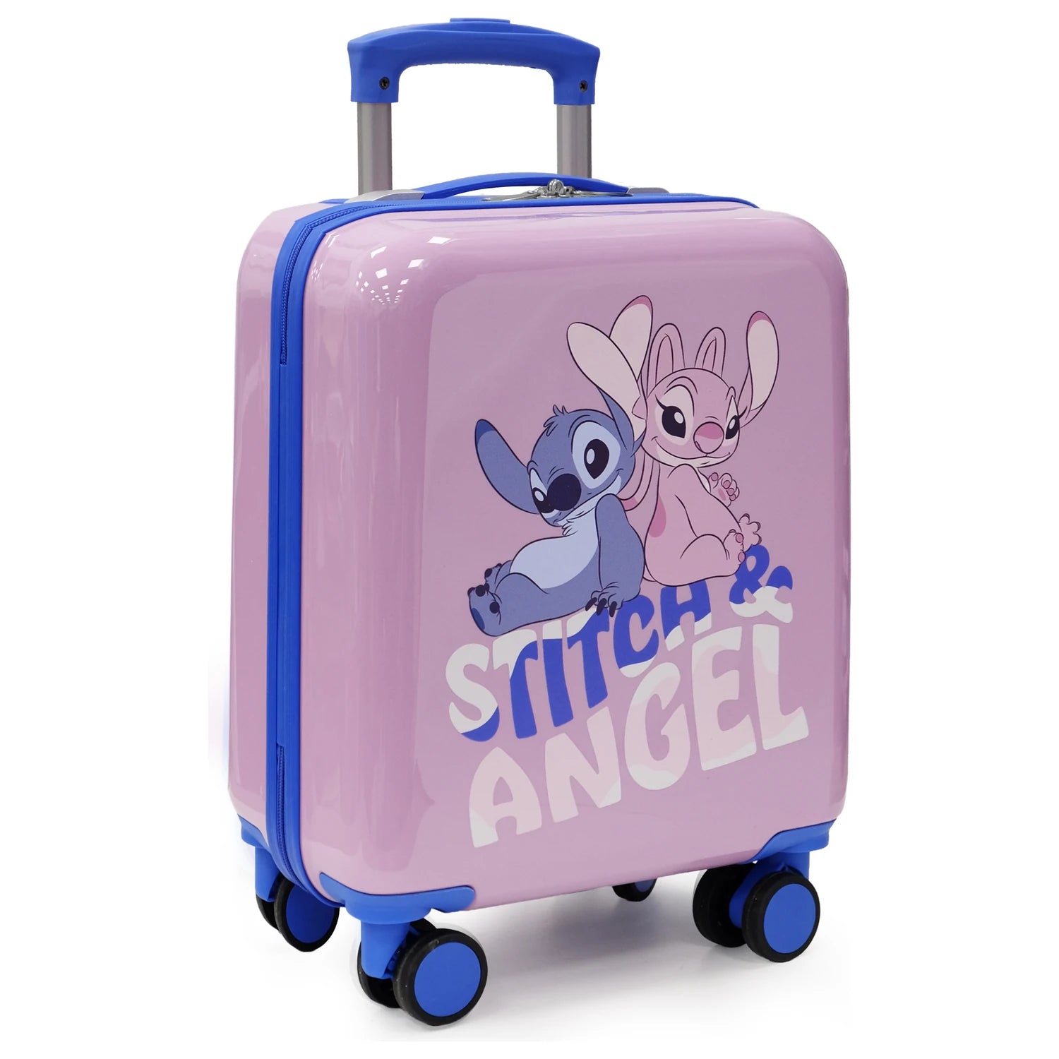 מזוודת ילדים קשיחה Disney בעיצוב Stitch & Angel בצבע ורוד עם הדפס סטיץ' ואנג'ל, ידית טלסקופית כחולה וגלגלי ספינר 360 מעלות