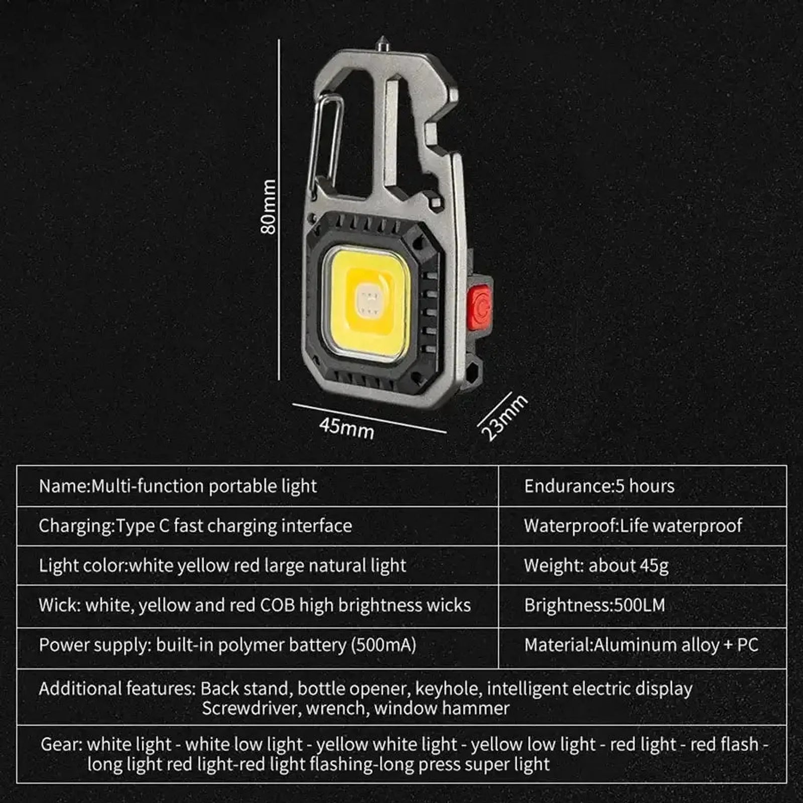 מפרט טכני פנס E-SMARTER: מידות 80×45×23 מ"מ, סוללה 500 מיליאמפר, חומר סגסוגת אלומיניום ופלסטיק