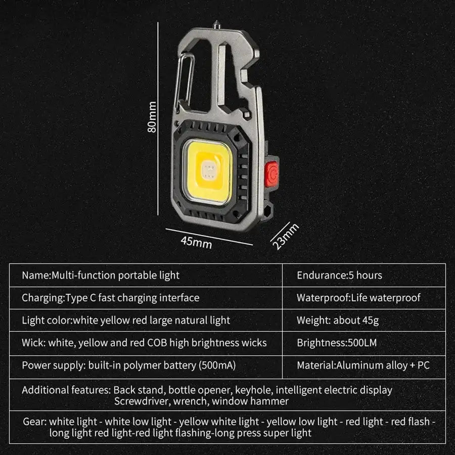 מפרט טכני פנס E-SMARTER: מידות 80×45×23 מ"מ, סוללה 500 מיליאמפר, חומר סגסוגת אלומיניום ופלסטיק